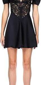 Black Silk Short Sleeve Dress With Black Lace Details, Black Black Silk Short Sleeve Dress With Black Lace Details, Black