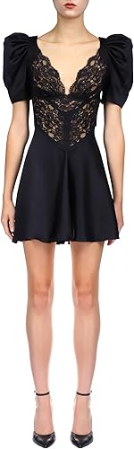Black Silk Short Sleeve Dress With Black Lace Details, Black