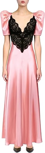 Pink Silk Satin Bias Dress With Black Lace Bodice Detail, Pink