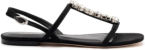 Calypso Flat Sandal In Black Fabric And Crystals