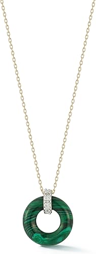 Donut and Diamond Door Knocker Necklace, Malachite, 14Kt Yellow Gold, 18in