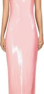 Pink Sequin Halter Gown With Sequin Flower, Pink Pink Sequin Halter Gown With Sequin Flower, Pink