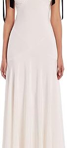 White Silk Crepe Bias Dress With Black Velvet Ribbon Bow Detail, White White Silk Crepe Bias Dress With Black Velvet Ribbon Bow Detail, White