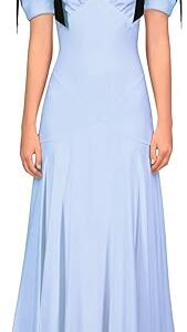 Blue Silk Crepe Bias Dress With Black Velvet Bow Detail, Blue Blue Silk Crepe Bias Dress With Black Velvet Bow Detail, Blue