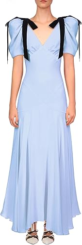 Blue Silk Crepe Bias Dress With Black Velvet Bow Detail, Blue