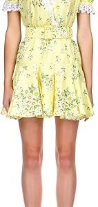 Yellow Daisy Silk Twill Mini Dress With Eyelet Ruffle Detail And Belt, Yellow Yellow Daisy Silk Twill Mini Dress With Eyelet Ruffle Detail And Belt, Yellow