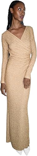 Drapped Long Sleeve Dress, Gold Metallic