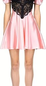 Pink Satin Charmeuse Bias Mini Dress With Black Lace Bodice Detail, Pink Pink Satin Charmeuse Bias Mini Dress With Black Lace Bodice Detail, Pink