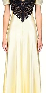 Yellow Silk Satin Bias Dress With Black Lace Bodice Detail, Yellow Yellow Silk Satin Bias Dress With Black Lace Bodice Detail, Yellow