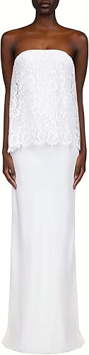 White Silk Crepe Strapless Bias Gown With White Lace Overlay, White