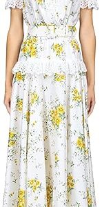 White And Yellow Daisy Silk Twill Dress With Eyelet Ruffle Detail And Belt, White / Yellow White And Yellow Daisy Silk Twill Dress With Eyelet Ruffle Detail And Belt, White / Yellow