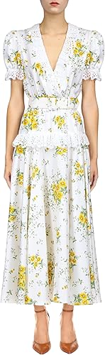White And Yellow Daisy Silk Twill Dress With Eyelet Ruffle Detail And Belt, White / Yellow