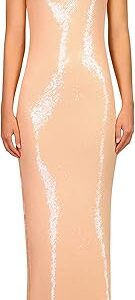 Peach Sequin Halter Gown With Flower Detail, Peach Peach Sequin Halter Gown With Flower Detail, Peach