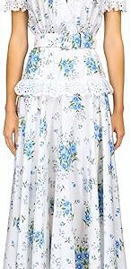 White And Blue Daisy Silk Twill Dress With Eyelet Ruffle Detail And Belt, White White And Blue Daisy Silk Twill Dress With Eyelet Ruffle Detail And Belt, White