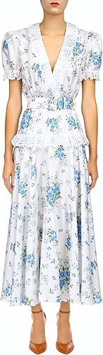 White And Blue Daisy Silk Twill Dress With Eyelet Ruffle Detail And Belt, White