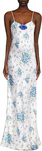 White And Blue Daisy Bias Silk Slip With Silk Rosette, White