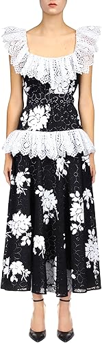 Black Cotton Eyelet Dress With Floral Sequins, Eyelet Ruffle Detail And Belt, Black